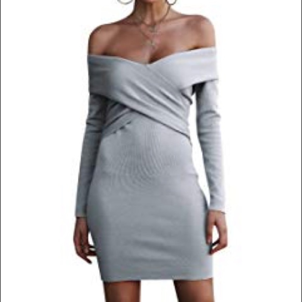 Ash Grey Off Shoulder Crisscrossed Knit Mini Dress